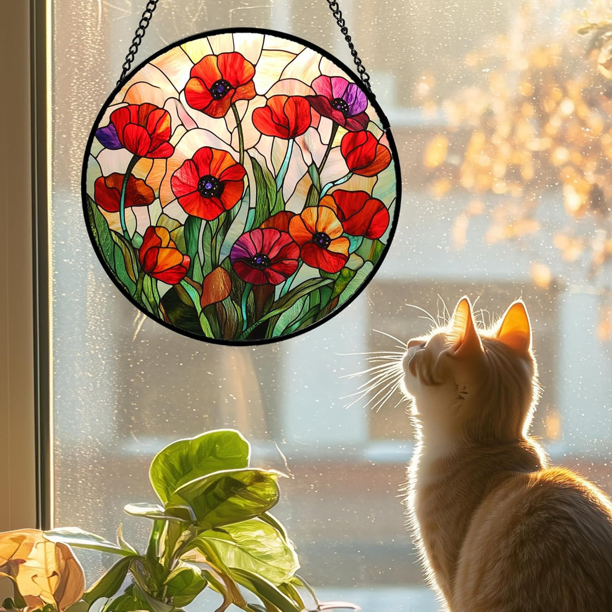 Stained Glass Window Hanging - Poppy Birth Flowers Suncatcher for Door Garden Yard Wildflowers Sun