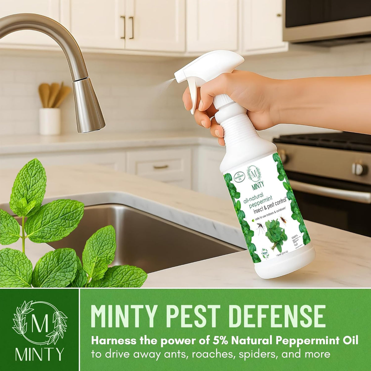 Minty Insect & Pest Control, Powerful & Natural 5% Peppermint Oil Spray for Ants, Spiders, Bed