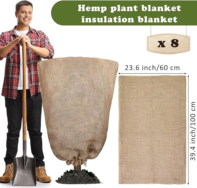 8 Packs Winter Burlap Plant Covers Bags 23.6 x 39.4 Inch Large Burlap Sack Plant Blanket with