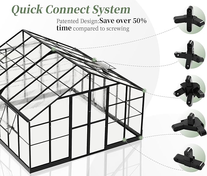 Jocisland 12x13.5x9 Polycarbonate Outdoor Aluminum Greenhouse - Quick Connect Fittings, 6.7 FT