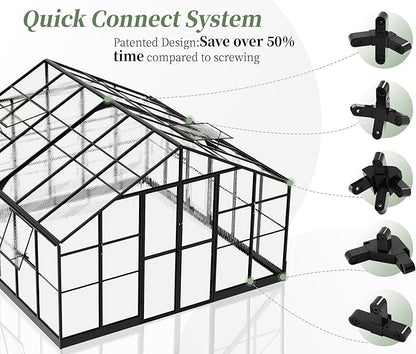 Jocisland 12x13.5x9 Polycarbonate Outdoor Aluminum Greenhouse - Quick Connect Fittings, 6.7 FT