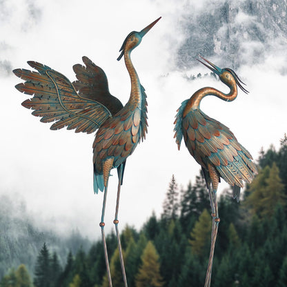 Metal Heron Yard Art, Standing Garden Sculptures & Statues for Outdoor Decor, 38-42 Inch Set of 2