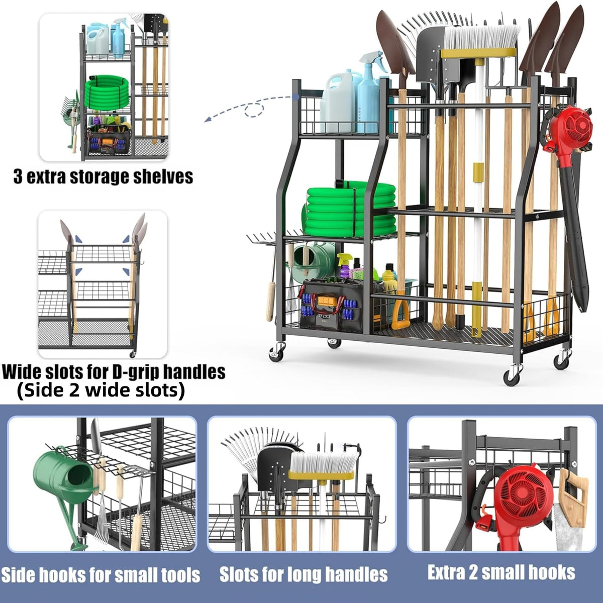 WALMANN Garden Tool Organizer with Wheels for Garage, Large Storage Capacity, Rakes/Shovels/Yard