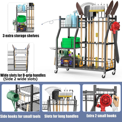 WALMANN Garden Tool Organizer with Wheels for Garage, Large Storage Capacity, Rakes/Shovels/Yard