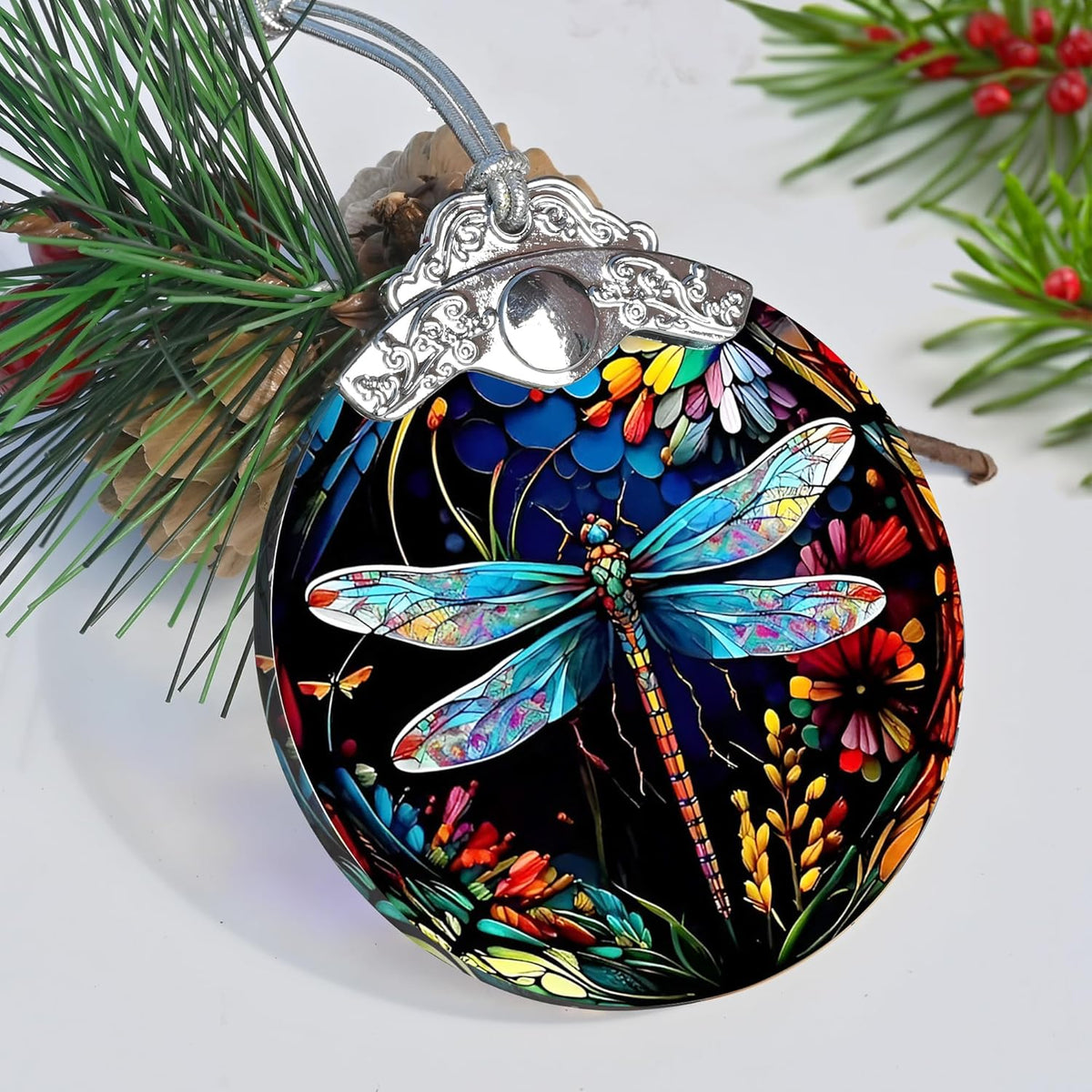 Christmas Dragonfly Ornament - Stained Glass Decor for Tree, Holiday Decorations and Xmas Gift Ideas