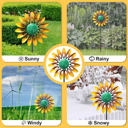 Sunflower Wind Spinners Outdoor, MeyRolizn Metal Pinwheel Wind Sculpture with Stake, Small Windmill
