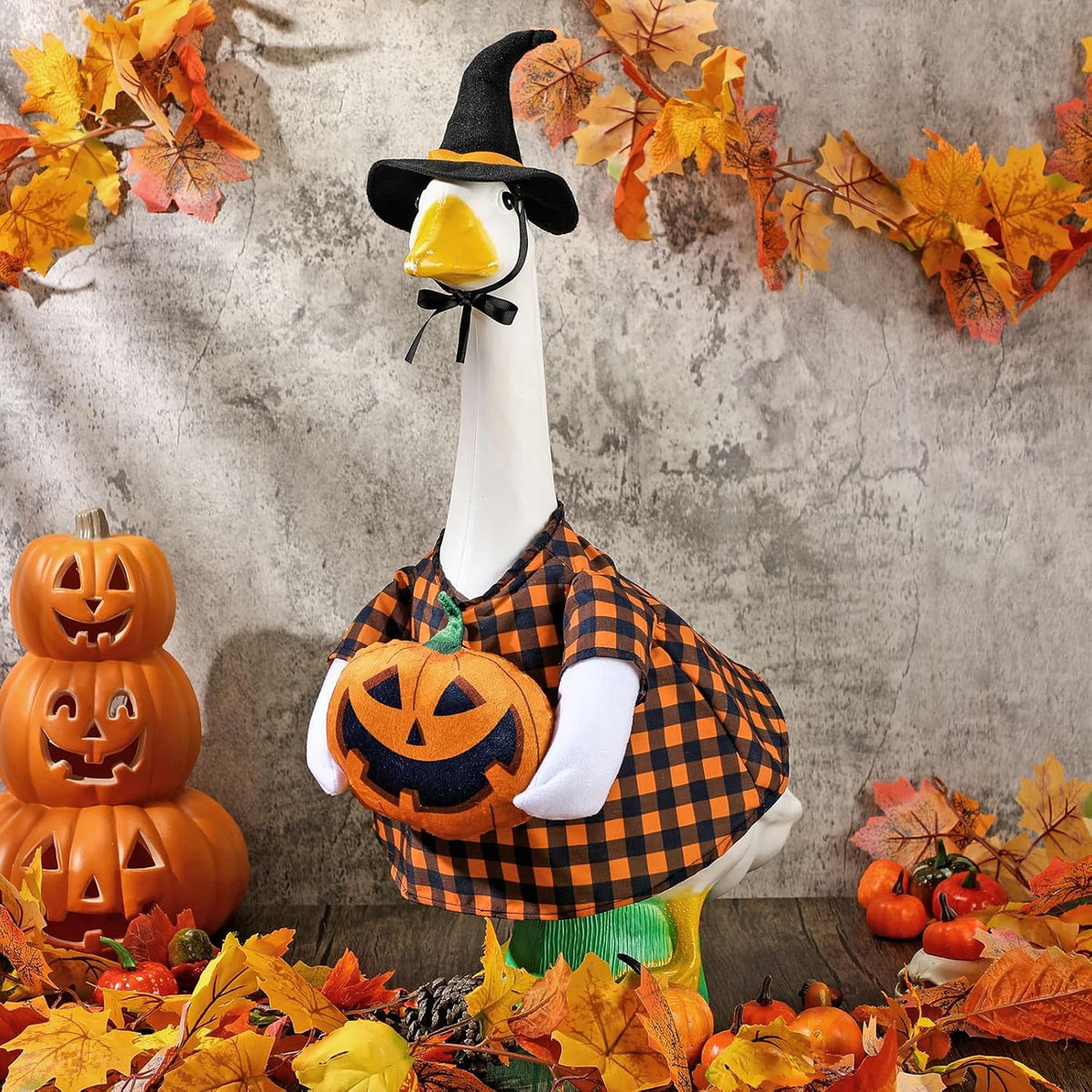Sanwuta 1 Set Halloween Porch Goose Outfit Pumpkin Pillow Design with Hat for 23" Lawn Cement Goose