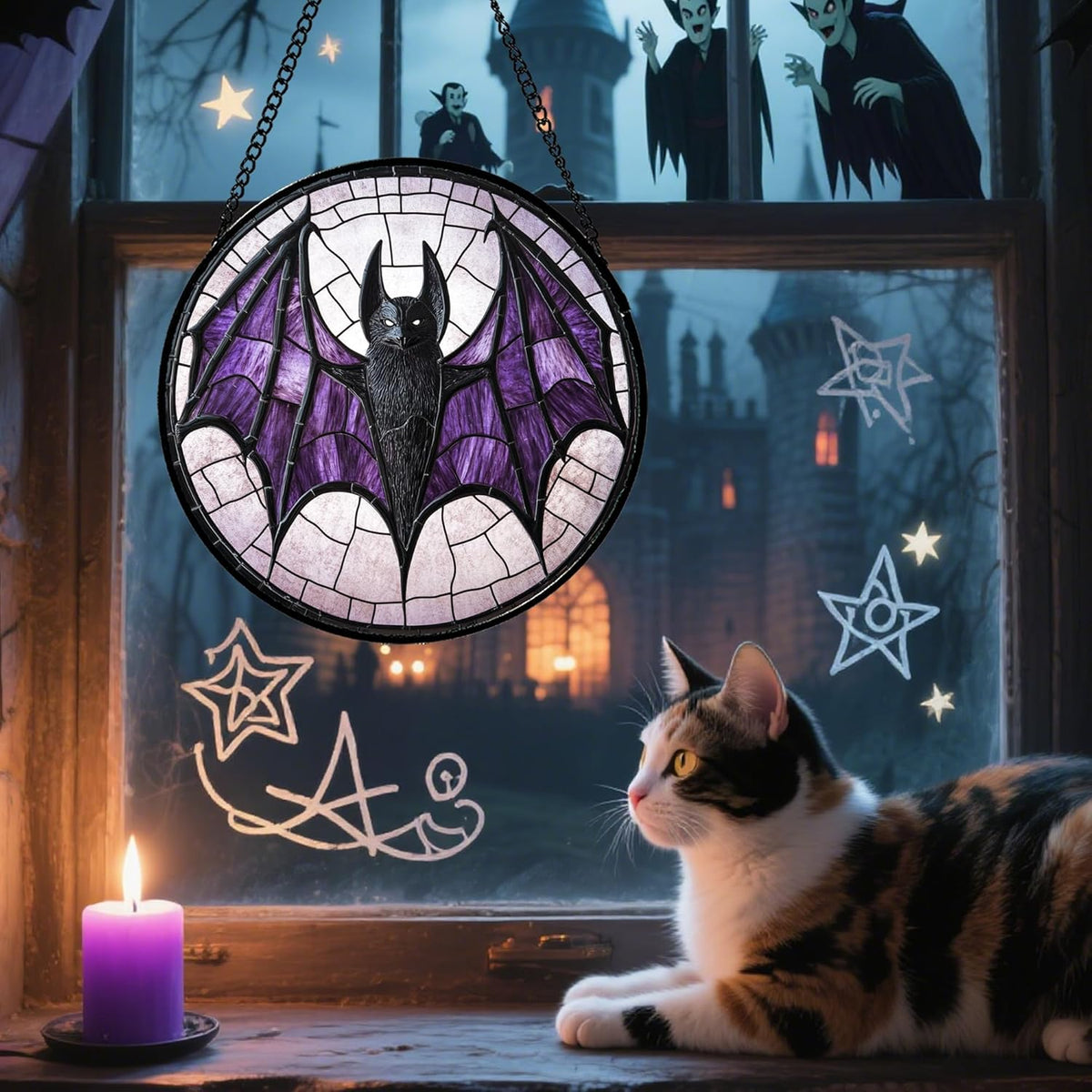 Stained Glass Window Hanging - Halloween Black Bat Purple Wings Monster Suncatcher for Doors Garden