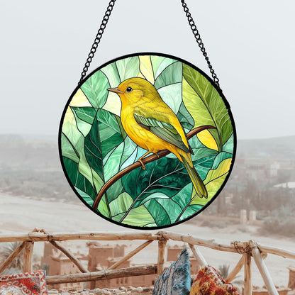 Stained Glass Window Hanging 4 Pcs Set Green Plants Animals Theme 9.8" - Bird Tiger Suncatcher Door