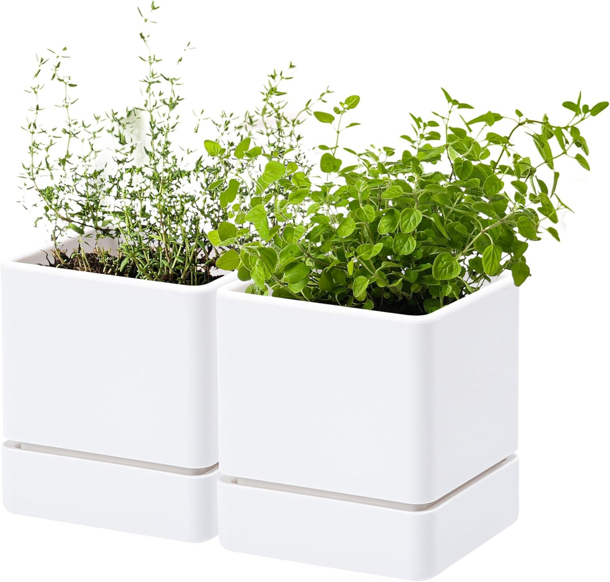 4 Inch Herb Planter Pot, Plastic Planter with Drainage Holes and Saucer, Modern Decorative