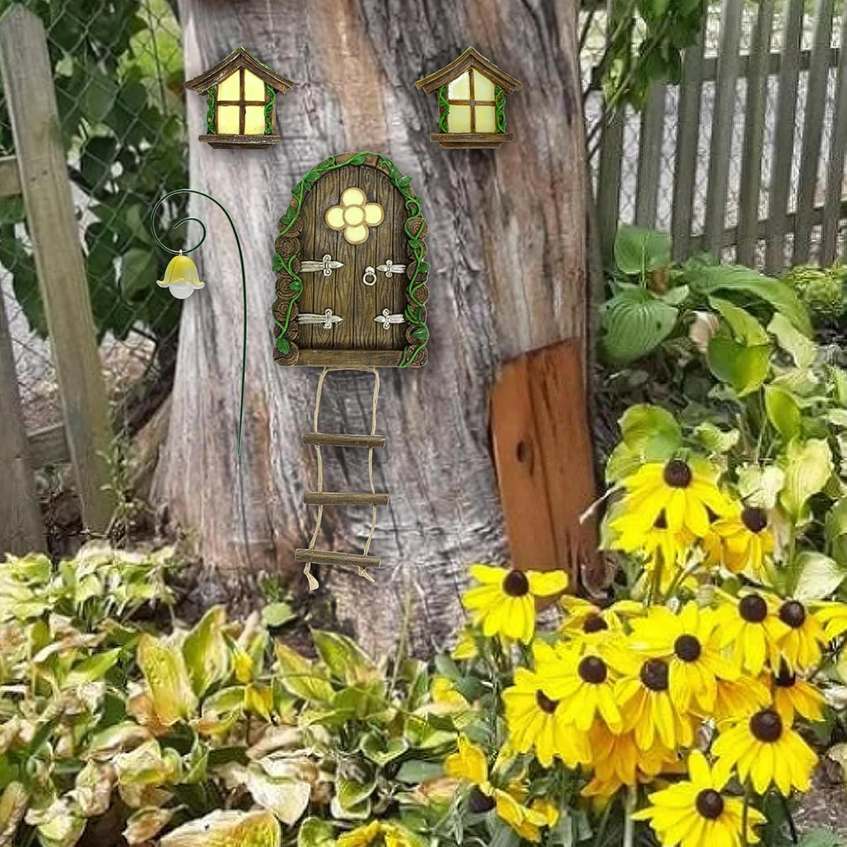 Fairy Door and Windows Garden Kit Accessories Outdoor, Glow in Dark Gnome House for Tree, Lawn Yard