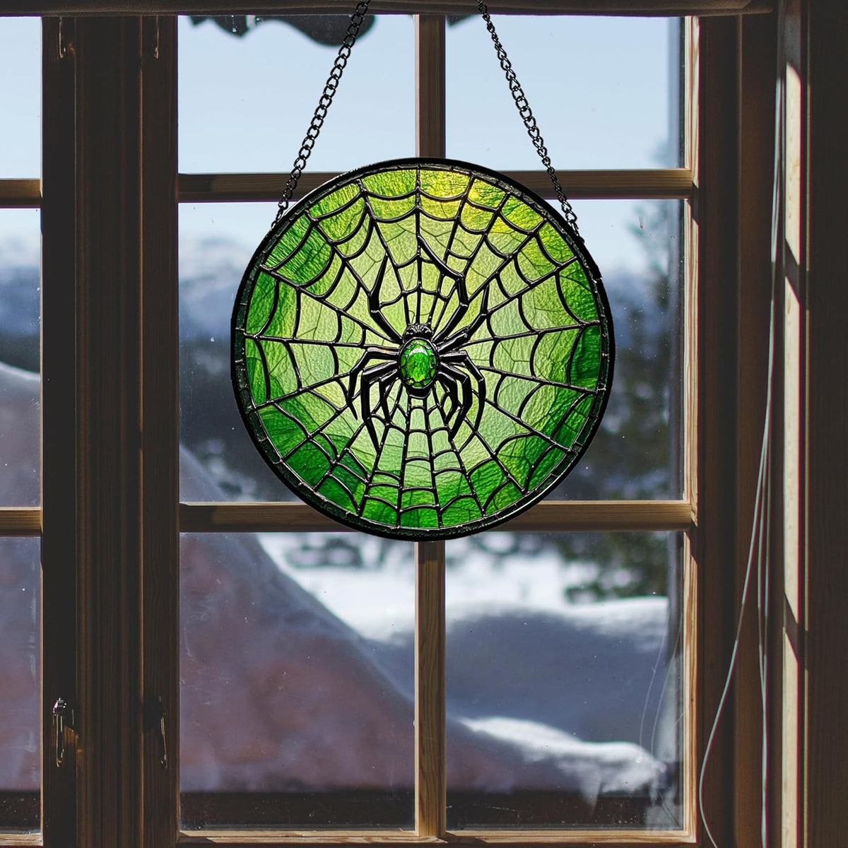 Stained Glass Window Hanging - Black Green Horror Spider Web Suncatcher for Doors Garden Patio Sun