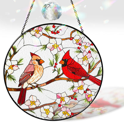 7.8" Cardinal Bird Stained Glass Suncatchers Art Glass Birds and Flowers for Sun Catcher Indoor
