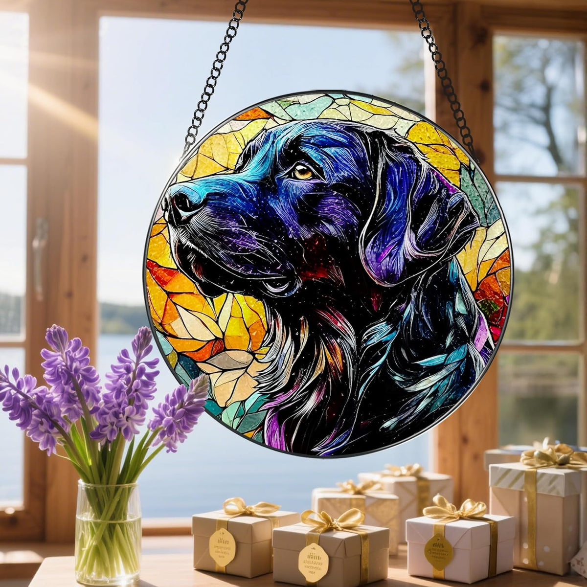 8″ Stained Glass Window Hanging Ornament, Black Labrador Retriever Stained Glass Suncatcher