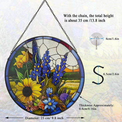 Sunflower Lavender Suncatcher Stained Glass Window Hanging, 9.8'' Hand-Painted Floral Sun Catcher