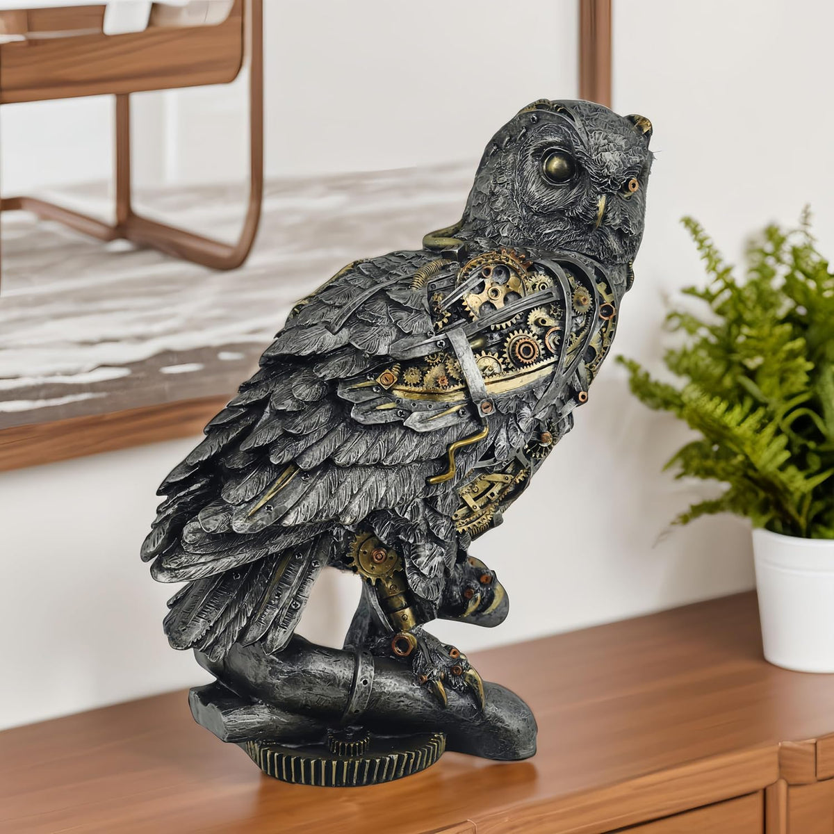 Steampunk Owl Statue 11.6'' H Metallic Silver and Gold Gothic Collectible Animal Figurine Wisdom