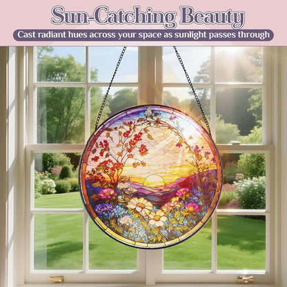 Stained Glass Window Hanging Sunset Suncatcher, Renyalora 10 Inch Round Real Glass Panel with