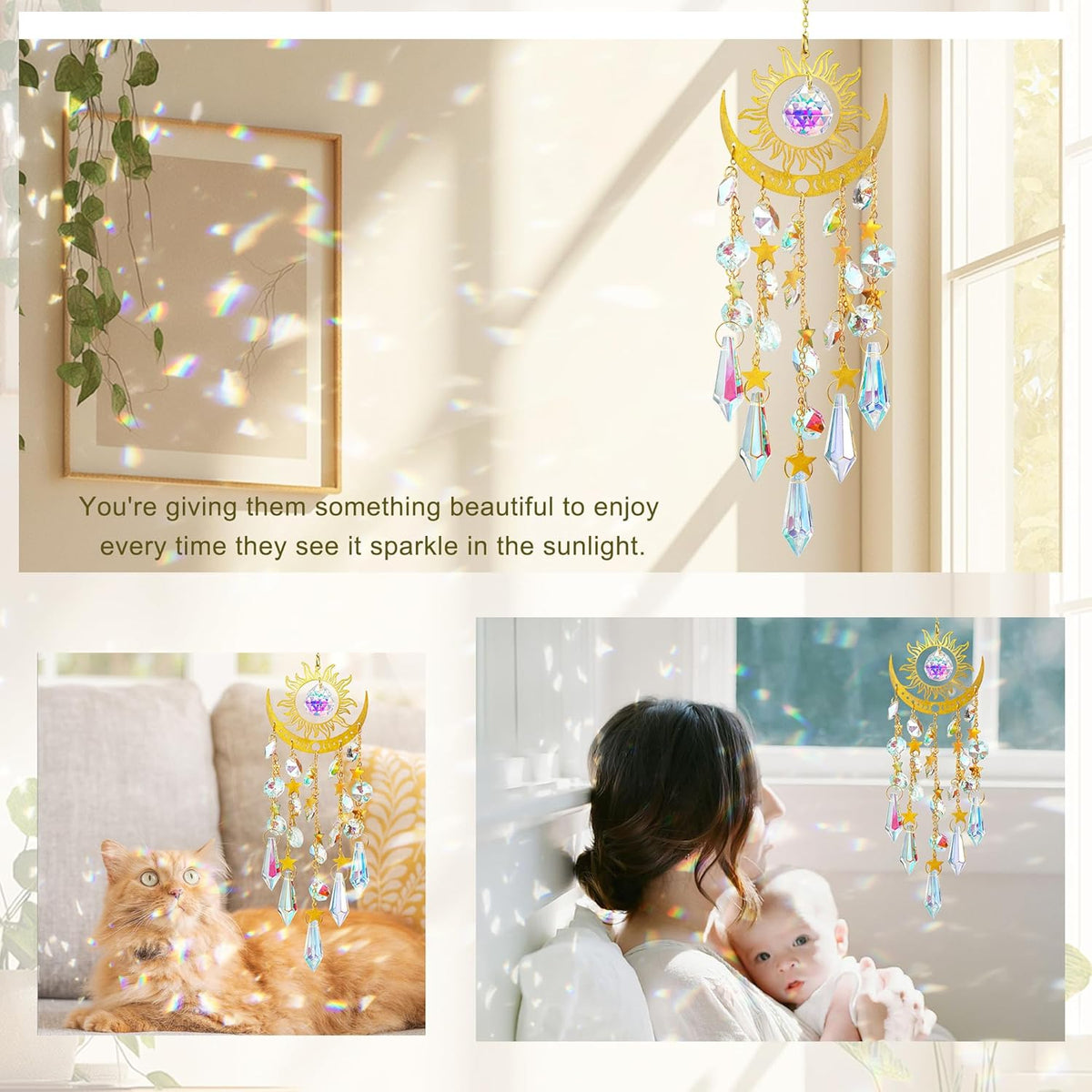 H&D HYALINE & DORA Crystal Sun Catcher Sun and Moon Suncatcher for Windows Hanging Indoor Outdoor