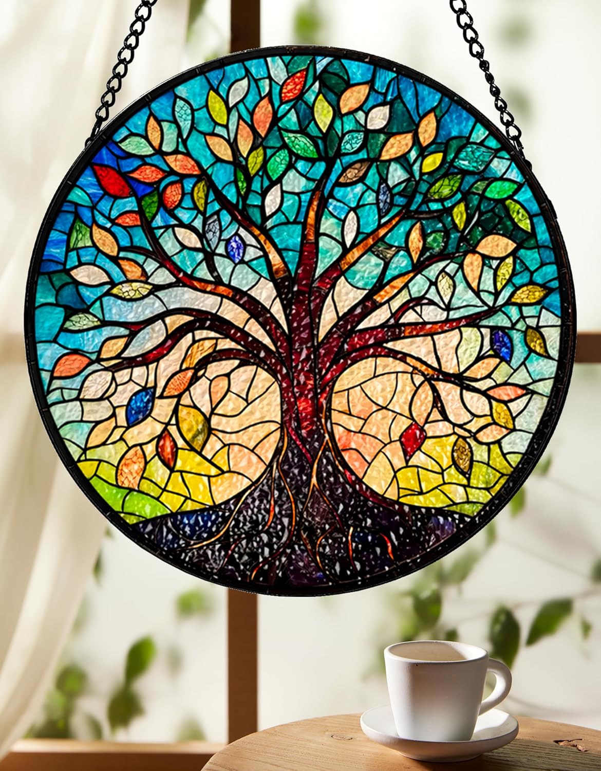 Tree of Life Stained Glass Sun Catcher - Handcrafted 7.87 Inch, Blue Sun Catcher Decoration