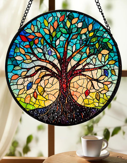 Tree of Life Stained Glass Sun Catcher - Handcrafted 7.87 Inch, Blue Sun Catcher Decoration