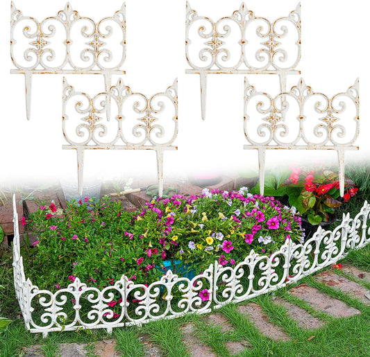 Sungmor Decorative Cast Iron Garden Edging, 4 Pack Rustic White Victorian Garden Edging Landscape