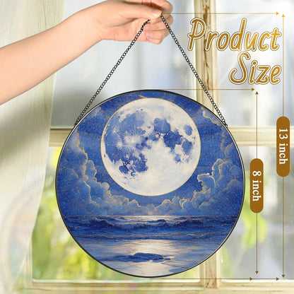8'' Full Moon Over Ocean Sun Catcher Ornament, Stained Glass Window Hanging, Suncatchers for
