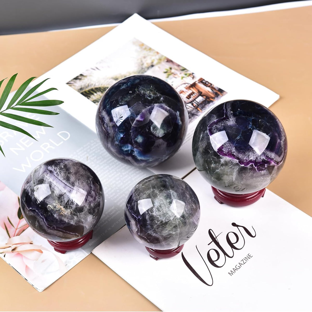 JIC Gem Large Crystal Sphere with Stand Colorful Fluorite Crystal Ball Gemstone Decorative Ball for