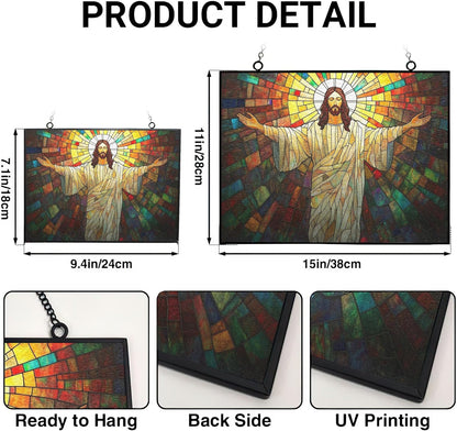 Customized Rectangle Boho Jesus Open Arms Stained Glass Suncatcher Stained Glass Window Hangings