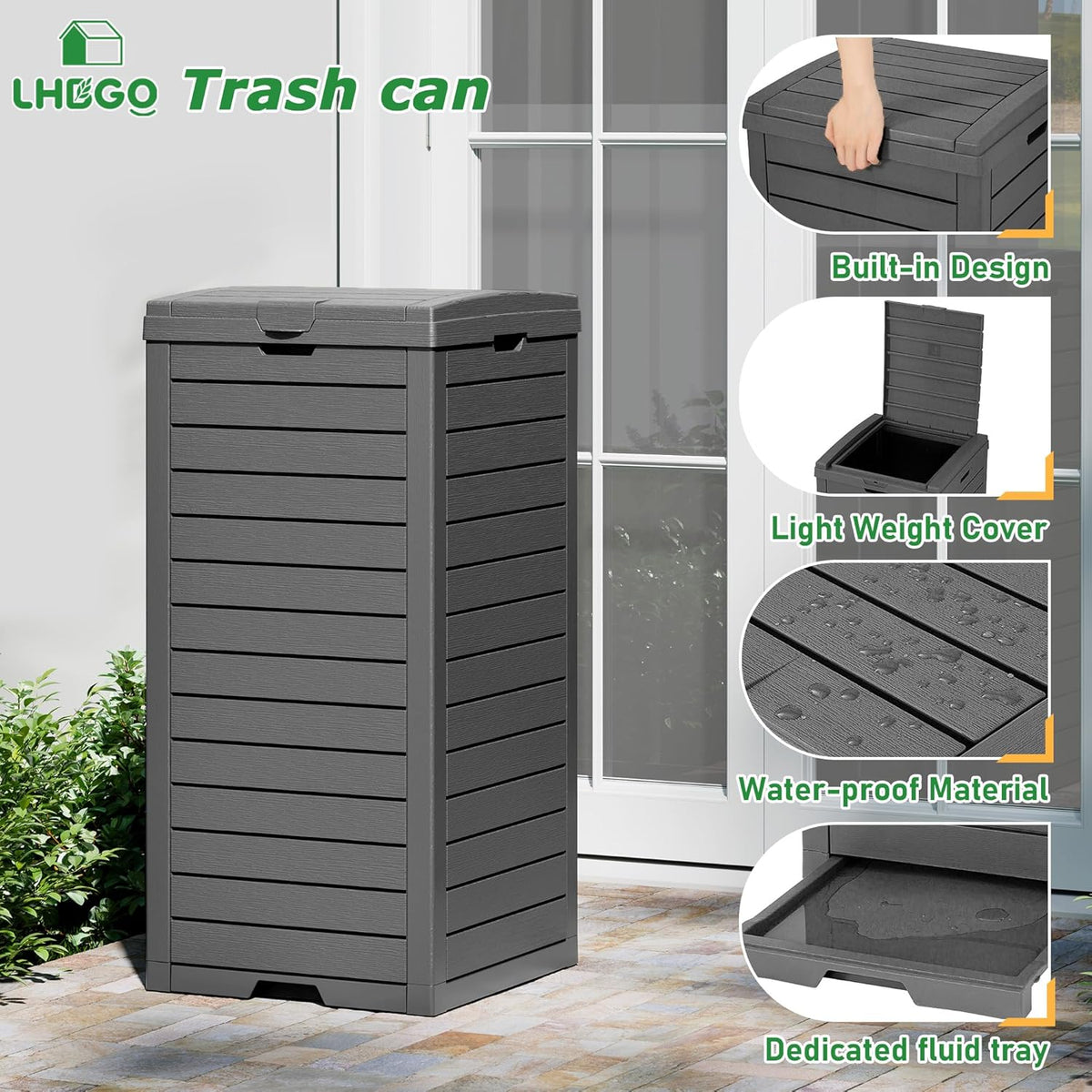 Outdoor Trash Can, 31 Gallon Garbage Can with Tiered Lid and Drip Tray, Waterproof Resin Patio