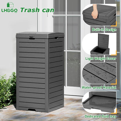 Outdoor Trash Can, 31 Gallon Garbage Can with Tiered Lid and Drip Tray, Waterproof Resin Patio