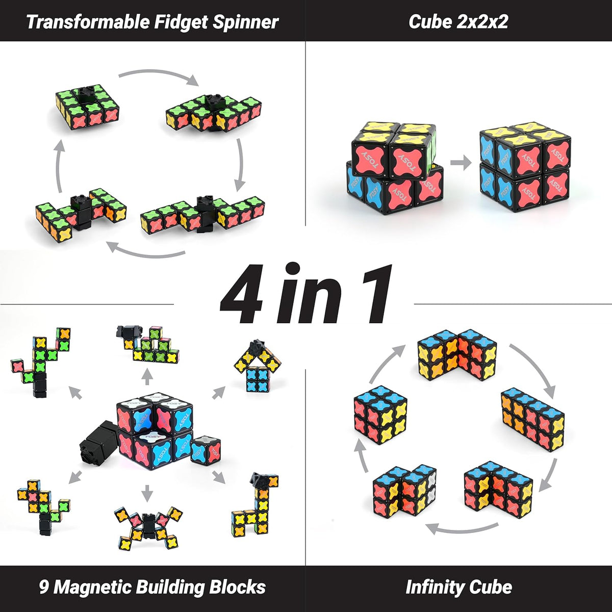 TOSY Magnet Fidget Spinner Mini - 8 Blocks, 3 in 1 Toy: Transformable Fidget Spinner, Infinity