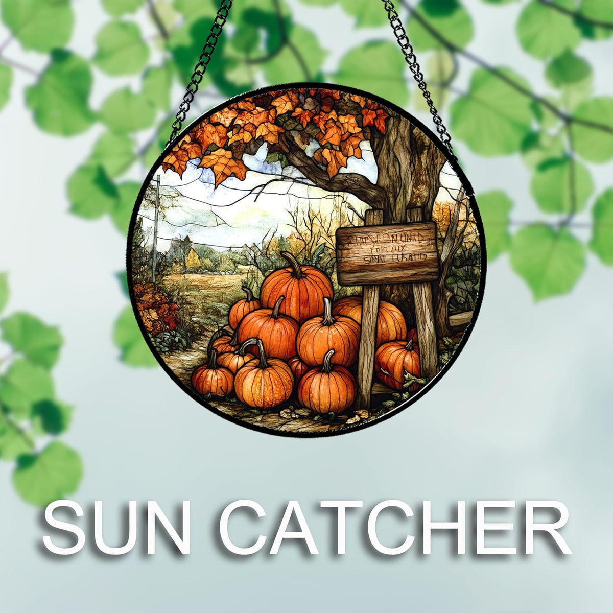 Stained Glass Window Hanging Fall Farm Scenery Maple Trees Pumpkin Large 15" - Suncatcher Door