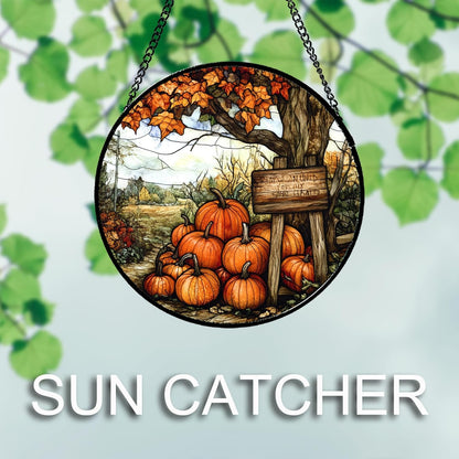 Stained Glass Window Hanging Fall Farm Scenery Maple Trees Pumpkin Large 15" - Suncatcher Door