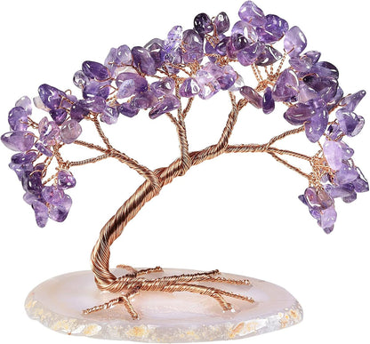 TUMBEELLUWA Reiki Crystal Money Tree with Agate Slice Base Feng Shui Stone Bonsai Tree Figure Decor