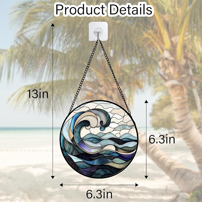Stained Glass Window Hanging, Ocean Waves Sun Catchers Diamond Glass Panel Hangings Abstract