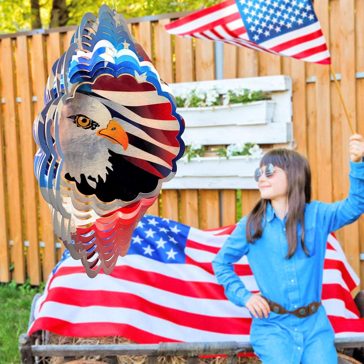 American Flag Wind Spinner - Patriotic Eagle Design | 12In 3D Holographic Hanging Wind Sculptures &