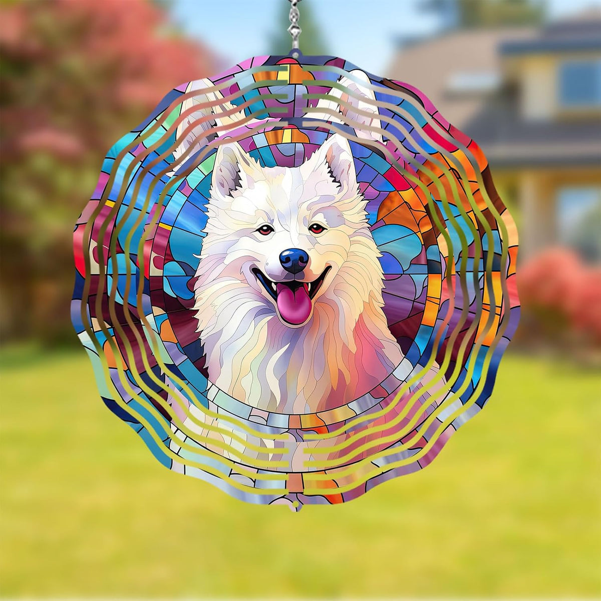 Samoyed Wind Spinner Pet Dog Memorial Gifts 3D Aluminum Metal Kinetic Hanging Wind Sculpture