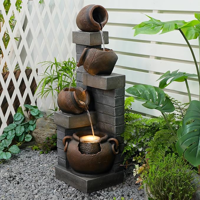 Water Fountain Outdoor 4-Tiers Cascading Realistic Bowls Waterfall Clay Pot Design Outdoor Fountain