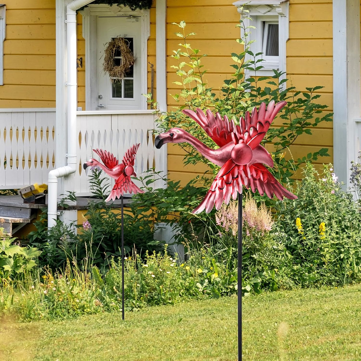 WONDER GARDEN Wind Spinners Outdoor - 2 Pack Small Metal Flamingo Wind Spinner Windmill, Wind