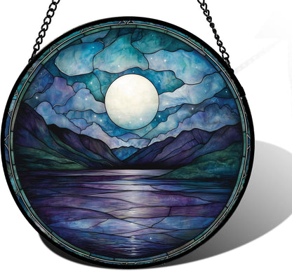 Stained Glass Window Hanging, Blue Night Moon Lake Sun Catchers Colorful Glass Panel Landscape