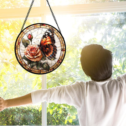 Stained Glass Window Hanging, Butterfly Picking Flowers Suncatcher for Doors Home Sun Catchers