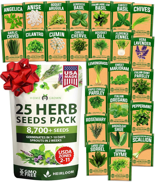 HOME GROWN 25 Herb Seeds for Planting 8,700+ Non-GMO Heirloom Seeds | Extra Large Variety Pack Herb
