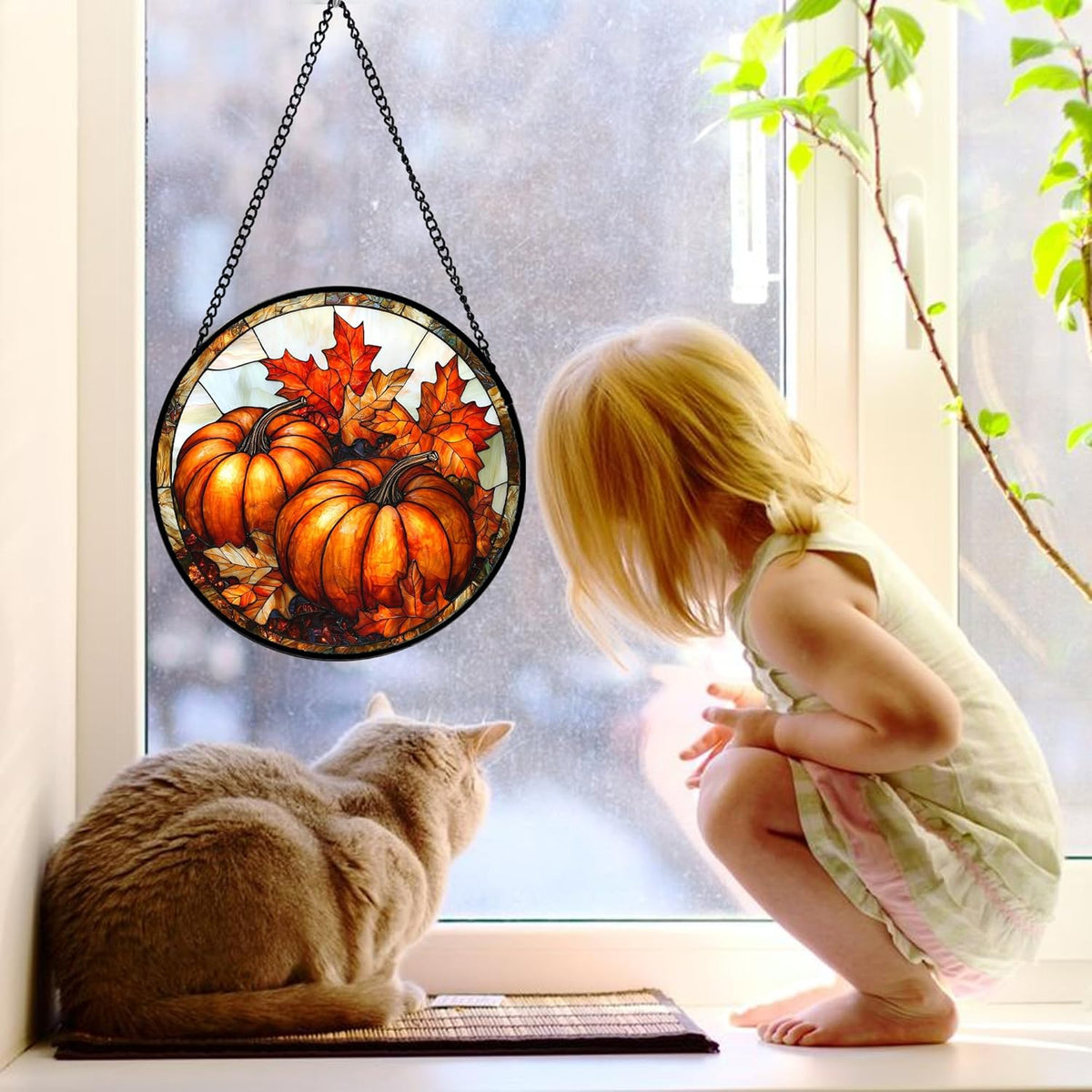 Stained Glass Window Hanging, Pumpkin Maple Leaf Suncatcher for Doors Home Sun Catchers Decoration