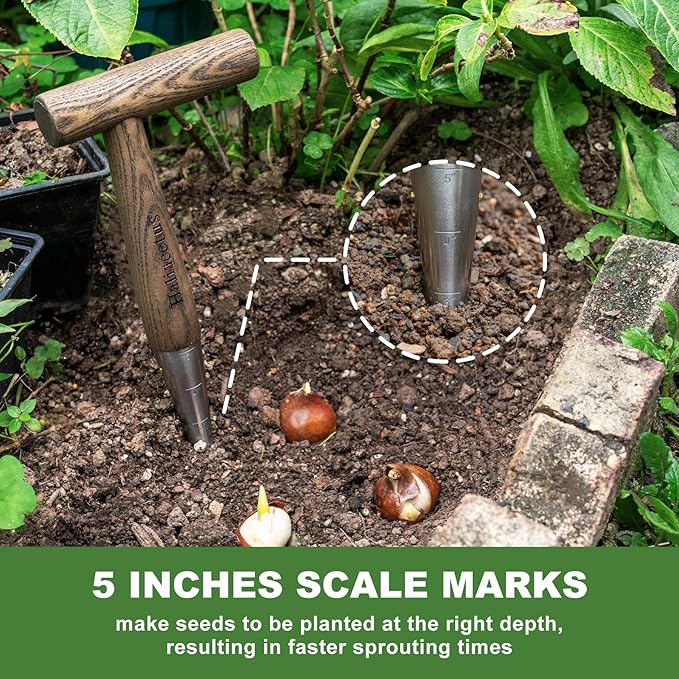 2024 New Upgrade Hand Dibber with 5 inches Measuring Scale, Easy to Grip L-Shaped Wood Handle