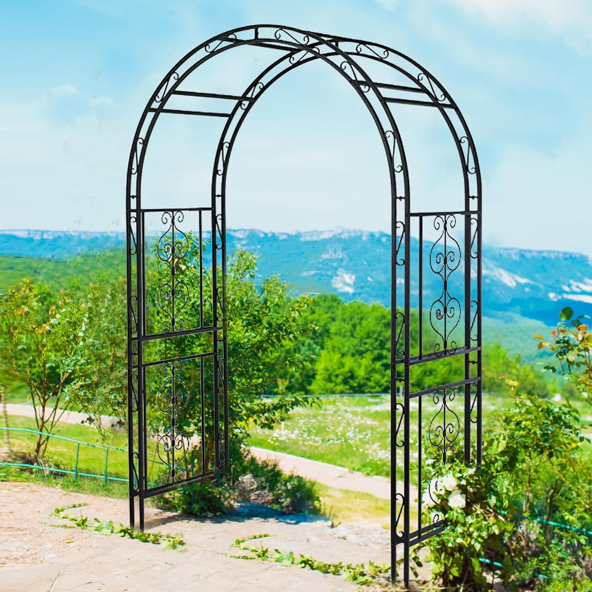 7FT Black Garden Arbor Trellis, Outdoor Metal Garden Arch for Climbing Plants Flowers Vines, Metal