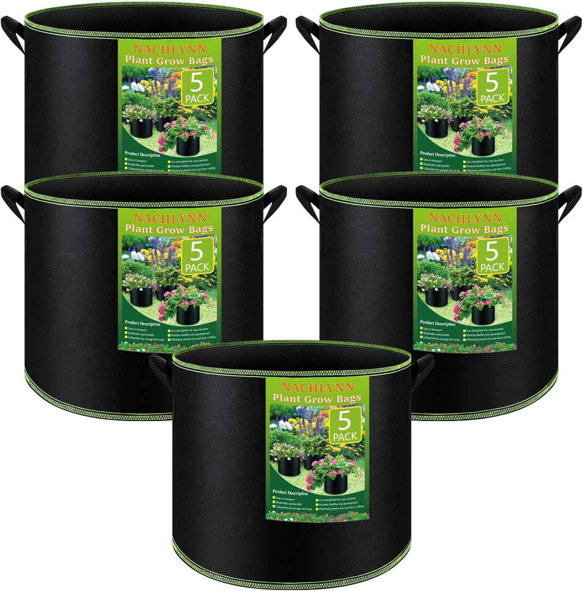 NACHLYNN 5-Pack 15 Gallon Grow Bags Thickened Nonwoven Fabric Pots Heavy Duty Aeration Fabric Pots