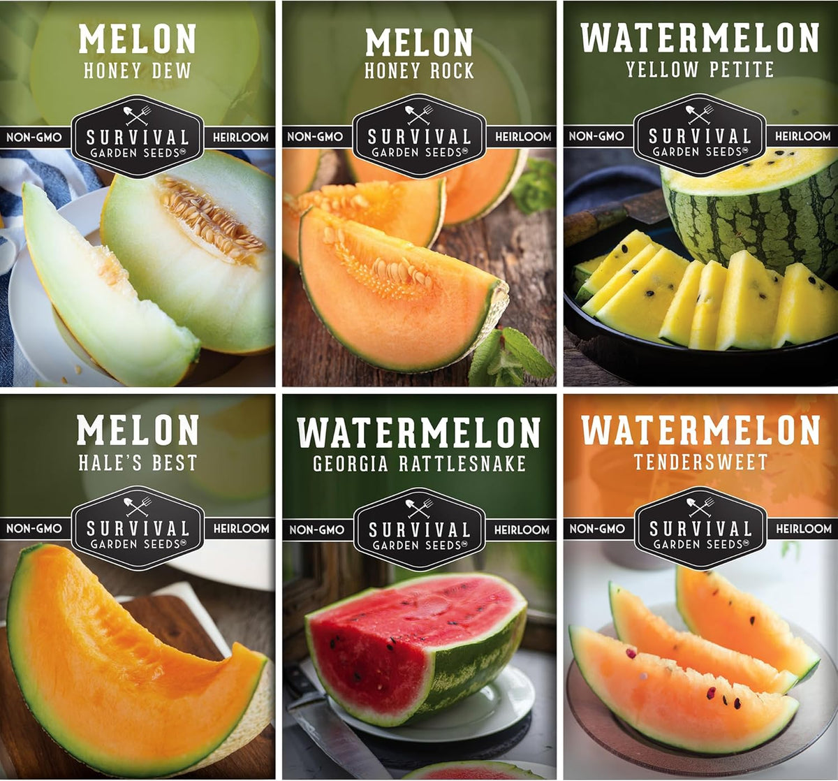 Melon Seeds Variety Pack – 6 Heirloom Cantaloupe, Honeydew & Watermelon Types for Planting – with