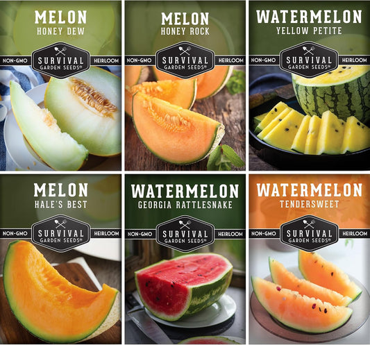 Melon Seeds Variety Pack – 6 Heirloom Cantaloupe, Honeydew & Watermelon Types for Planting – with