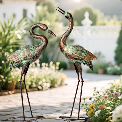 Shorayn Garden Crane Statues, Blue Heron Sculptures for Outdoor, Cranes Decor Metal Bird, Patina