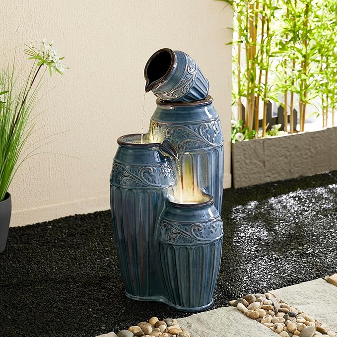 Glitzhome 35.5" H Oversized Outdoor Water Fountain with LED Lights and Pump, 4 Tier Turquoise
